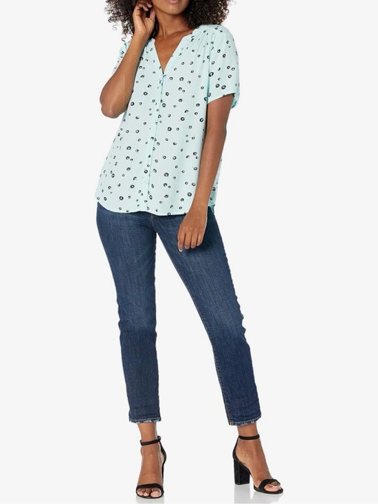Amazon Essentials Tops - Turquoise Blue Polka Dot Button Front Blouse